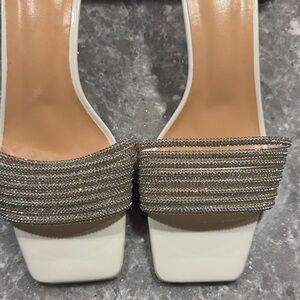 Crystal-Embellished White Slide Sandals size 9 2 inch heel